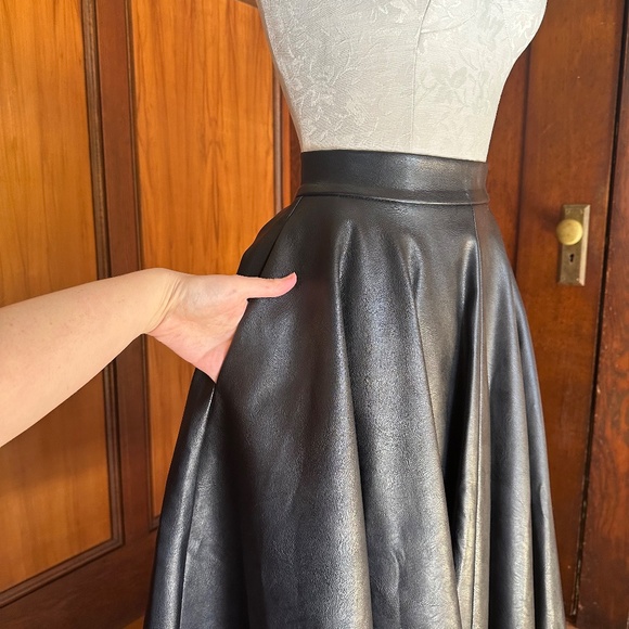 Black Faux Leather Circle Skirt Midi, Vixen by Micheline Pitt - Picture 4 of 8